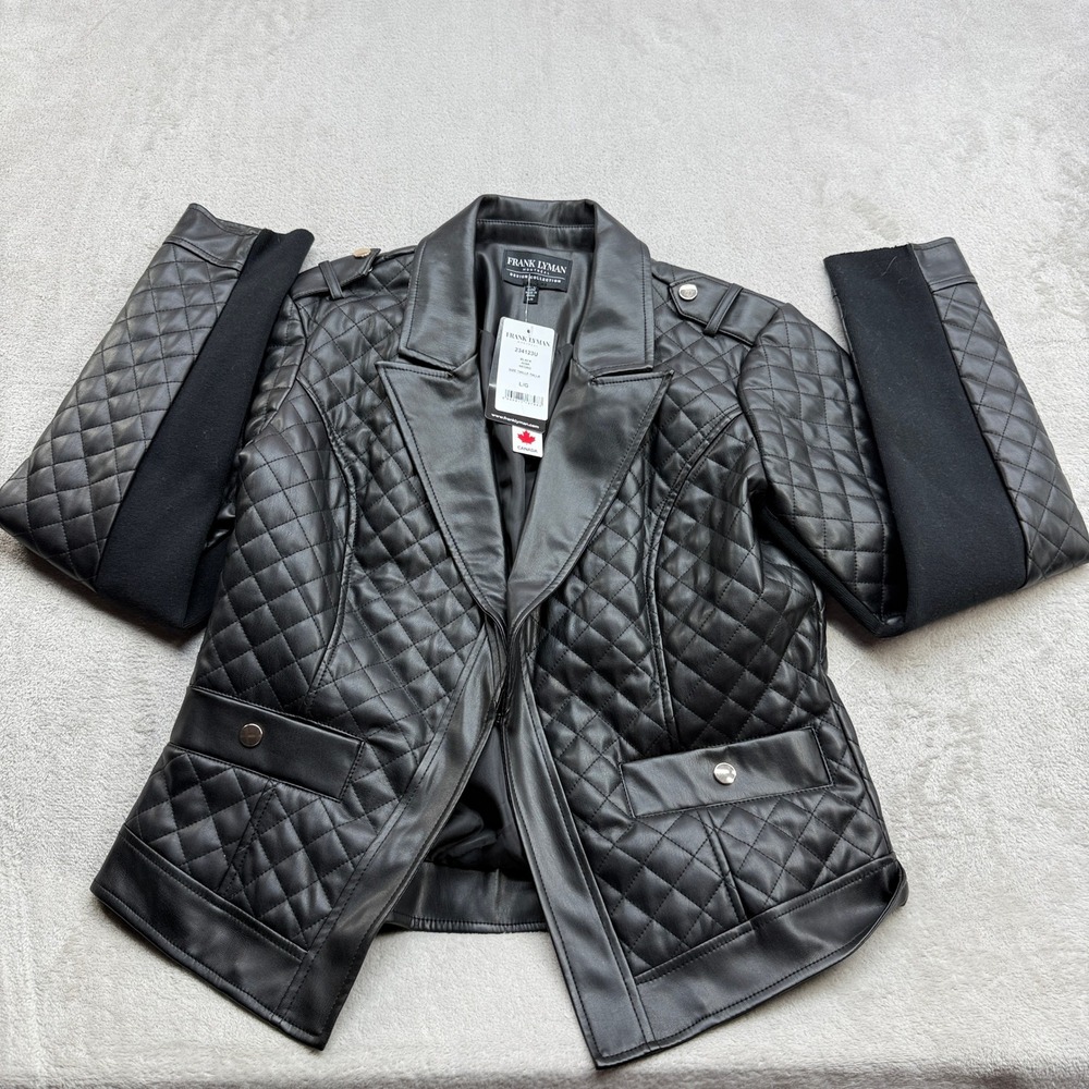 Frank Lyman Quilted Jacket Women L Black Faux Leather Moto Zip Biker Streetwear
